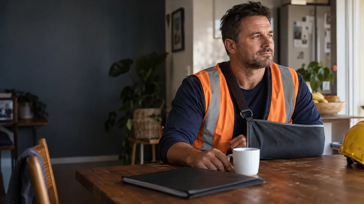 Illustrative scene of a construction worker recovering at home with his arm in a sling